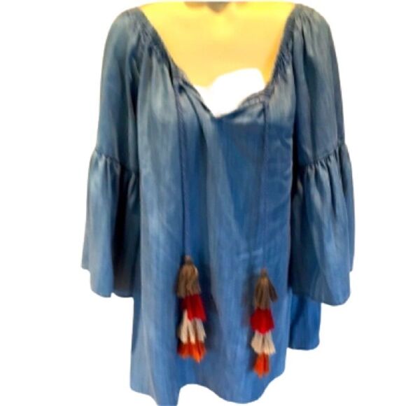 Avani denim chambray shirt bell sleeve tie top oversized tassels blue Medium - Picture 1 of 9